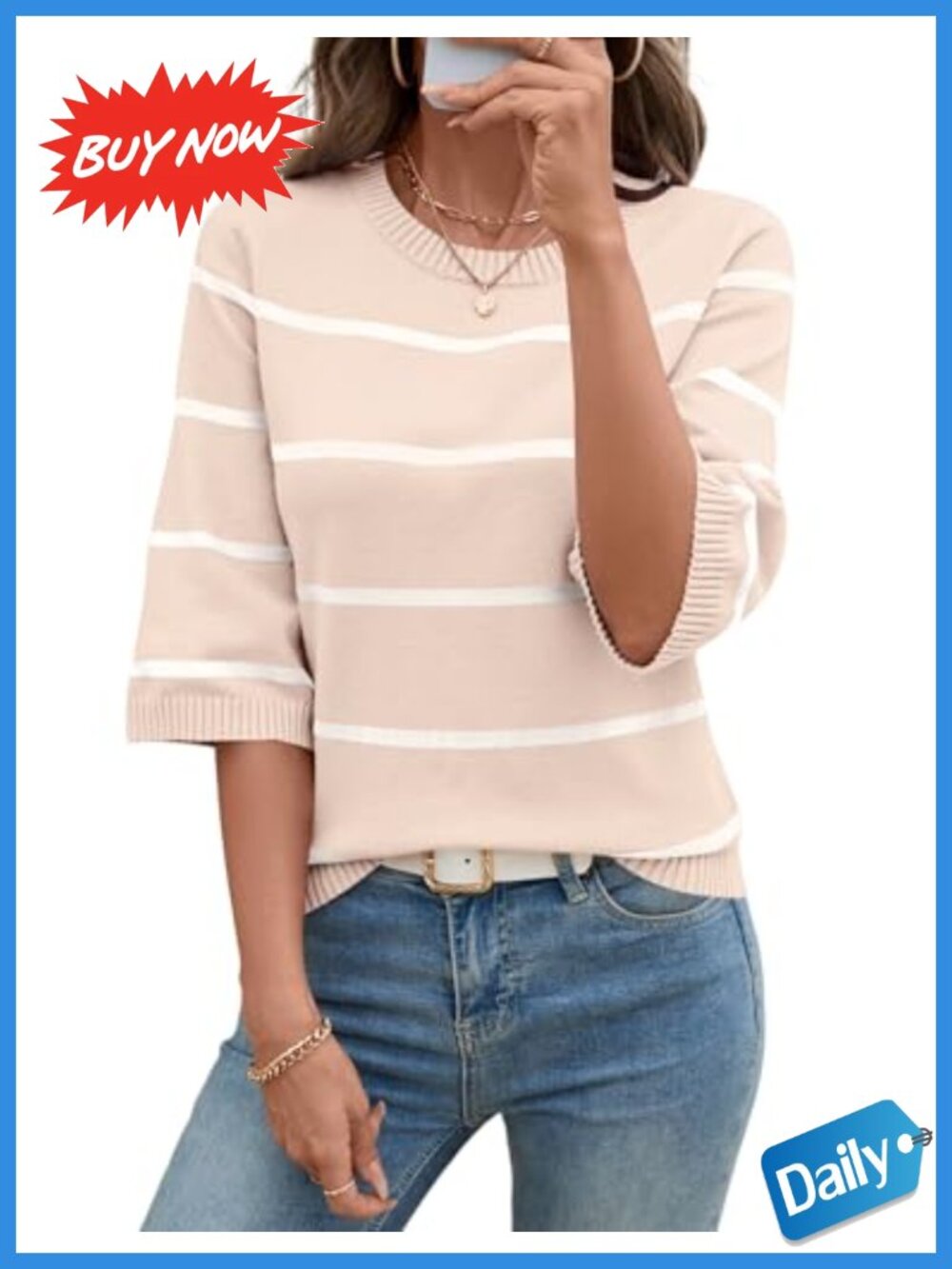 Womens Sweater 3/4 Sleeve Crew Neck Striped Lightweight Knit Pullover